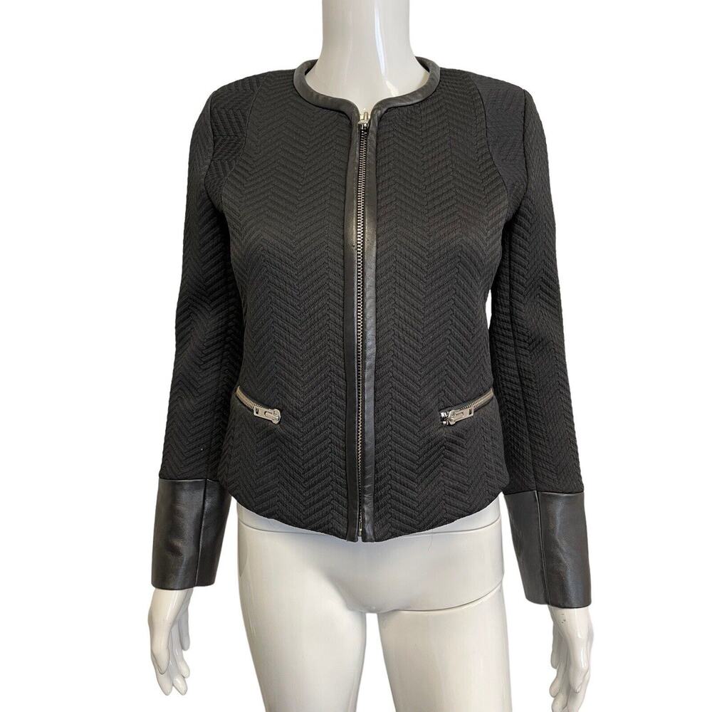 SANDRO Black Textured Lamb Leather Trim Full Zip Jacket Size 36 Small